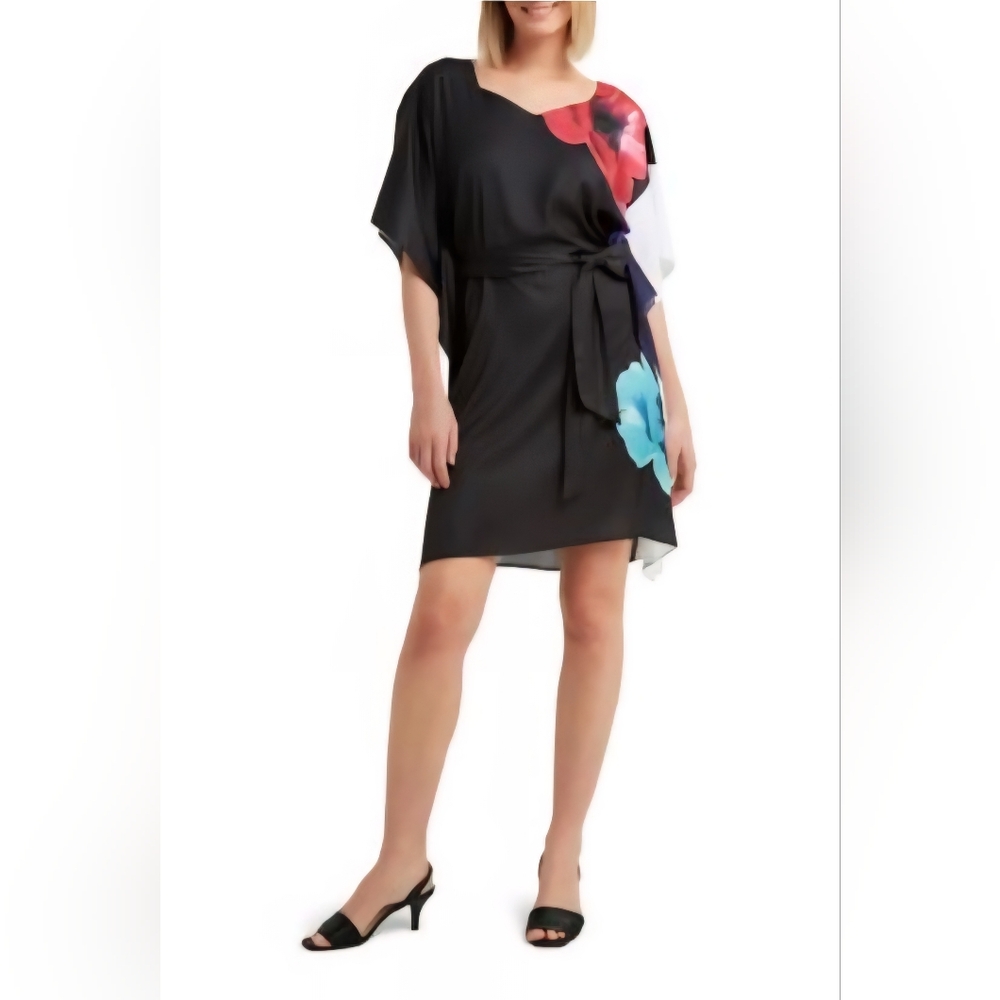 Halston Black Floral Dress NWT Size 3X Hawaiian Coastal Cruise Beach Lunchdate